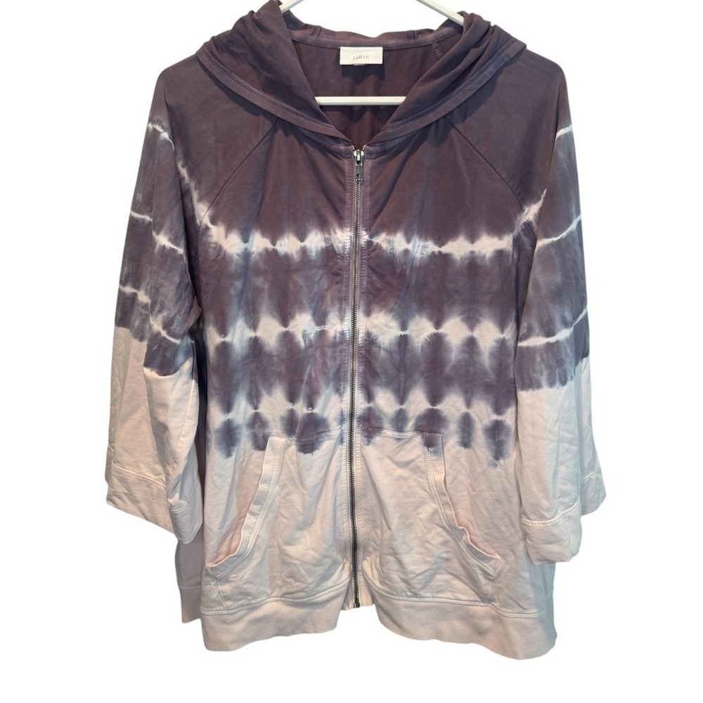 J.Jill Fit Womens Purple Tie Dye Zip Up Hoodie French Terry 3/4 Sleeve XL